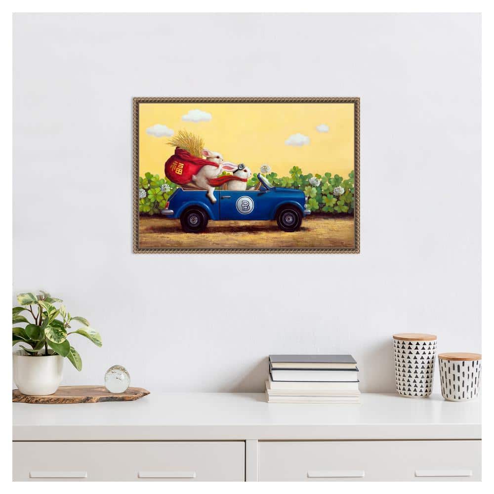 Whimsical Bunnies in Blue Car Framed Canvas Print