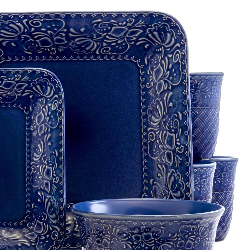 Indigo Lotus Floral Ceramic Square Dinnerware Set, Service for 4