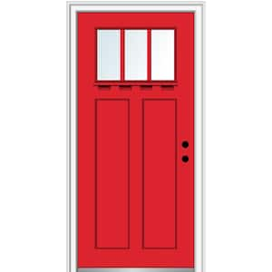 36 in.x80 in. Low-E Glass Left-Hand Craftsman 2-Panel 3-Lite Clear Painted Fiberglass Smooth Prehung Front Door w/ Shelf