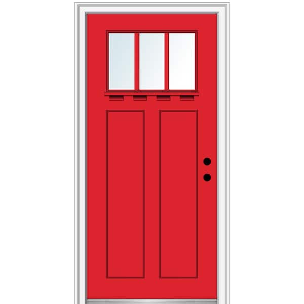 MMI DOOR 36 in.x80 in. Low-E Glass Left-Hand Craftsman 2-Panel 3-Lite Clear Painted Fiberglass Smooth Prehung Front Door w/ Shelf