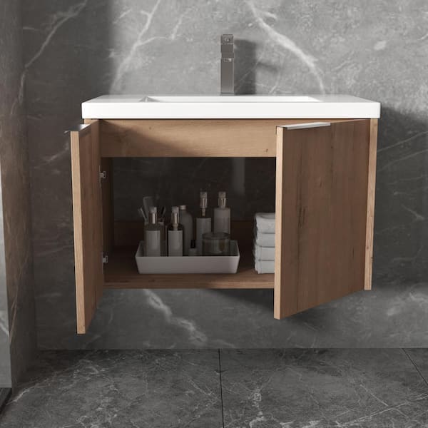 30 in. W x 18 in. D x 19 in. H Float Wall Mount Bath Vanity in Imitative Oak with White Resin Basin Top,Soft Close Doors
