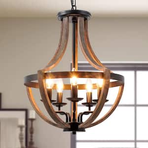 5-Light Semi-Globle Natural Wood Grain Finish Farmhouse Chandelier, Ceiling Light with Adjustable High
