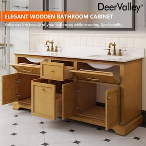 72 in. Bathroom Vanity with Ceramic Sink Top, Pre-Assembled Mid-Century Wood Bathroom Cabinet Sink Combo in Walnut White