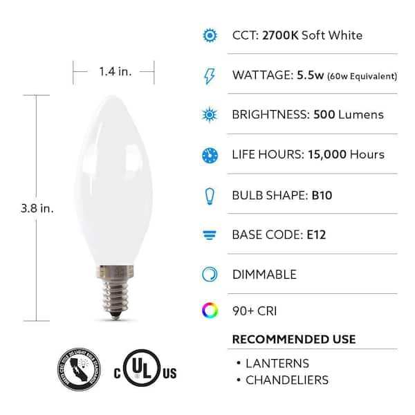 Feit Electric 60-Watt Equivalent B10 Candelabra Dimmable Filament CEC Frosted Glass Chandelier