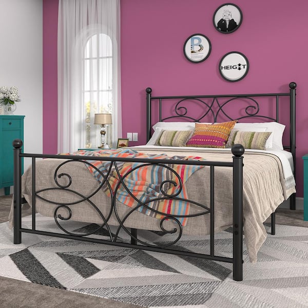 Victorian Style Bed Black Metal Frame Queen Platform Bed with Headboard and Footboard, Heavy Duty Mattress Foundation