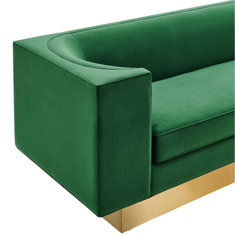 Emerald Green Velvet Sofa with Gold Base and Track Arms