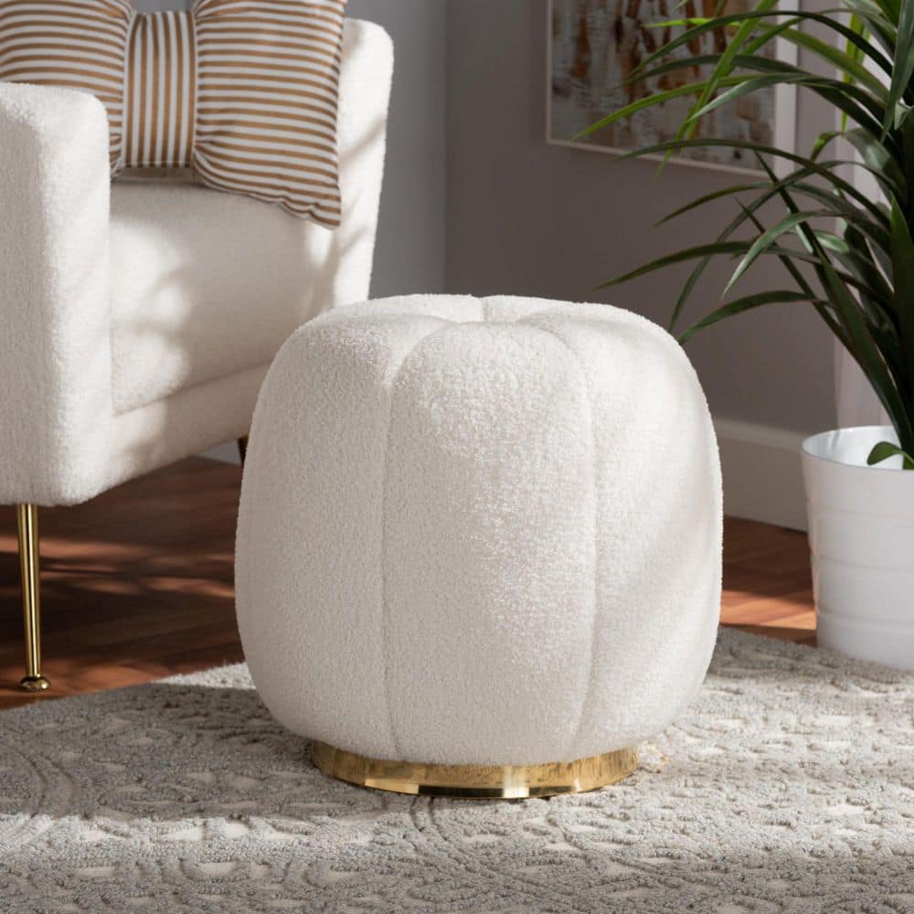 Ivory Boucle Upholstered Round Ottoman with Gold Metal Base