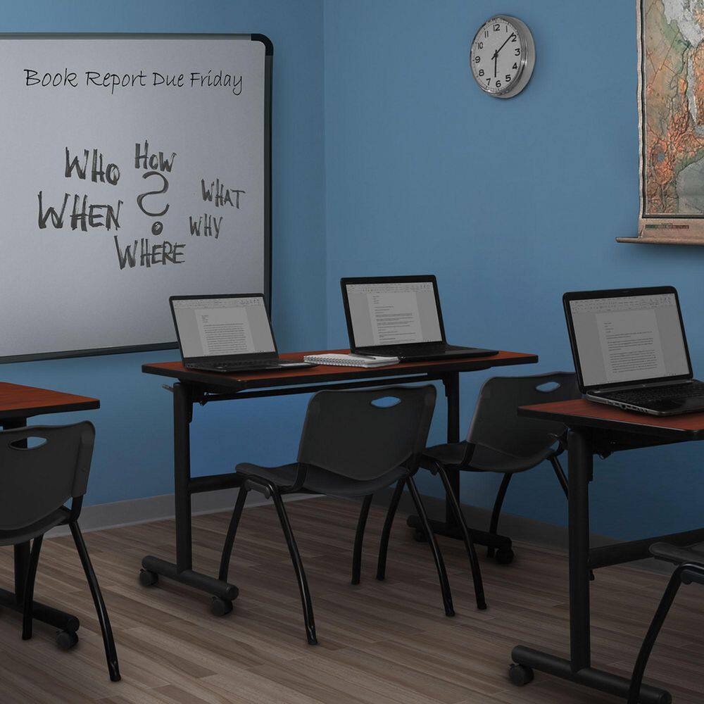 Kobe 48 in x 24 in. Cherry Flip-Top Training Nesting Table Desk, 2 M Stack Chairs-Black