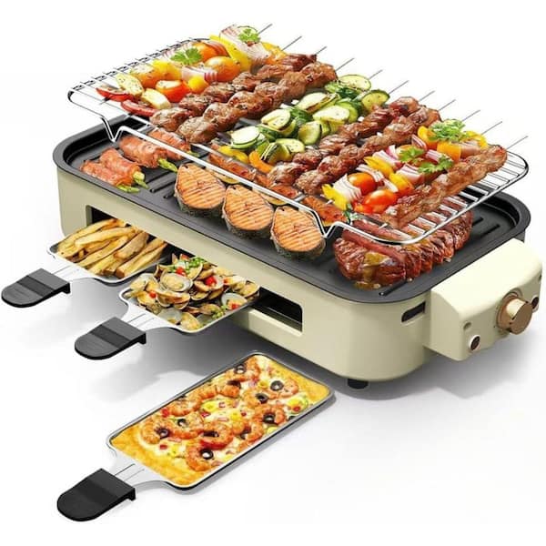2-in-1 Smokeless Indoor Grill and BBQ Griddle, 1500W, Non-Stick Plate, 3-Raclette Pans, Temp Control Beige BQR1502B