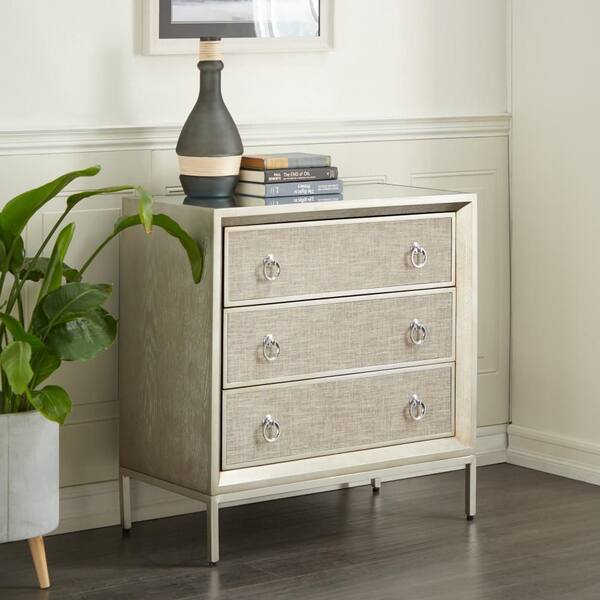 Litton Lane 3 Drawer Beige Wood Upholstered Front Panel Chest with Mirrored Top and Ring Handles 32 in. X 32 in. X 16 in.