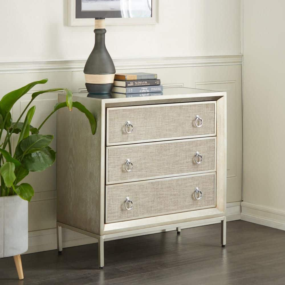 DecMode 32  x 32  Beige Wood Upholstered Front Panel 3 Drawer Chest with Mirrored Top and Ring Handles  1-Piece