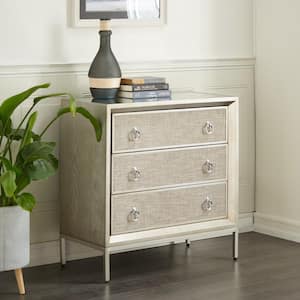 3 Drawer Beige Wood Upholstered Front Panel Chest with Mirrored Top and Ring Handles 32 in. X 32 in. X 16 in.
