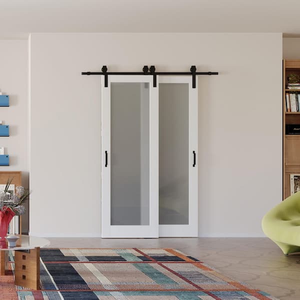 60 in. x 84 in. Frosted Glass White MDF Bypass Double Pre-Assembled Panel Sliding Barn Door with Hardware Kit