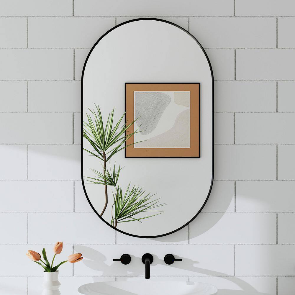 24 in. W x 40 in. H Oval Aluminum Framed Wall Bathroom Vanity Mirror in Matte Black Vertical Hanging Mirror Living Room price history on PriceWatchPro