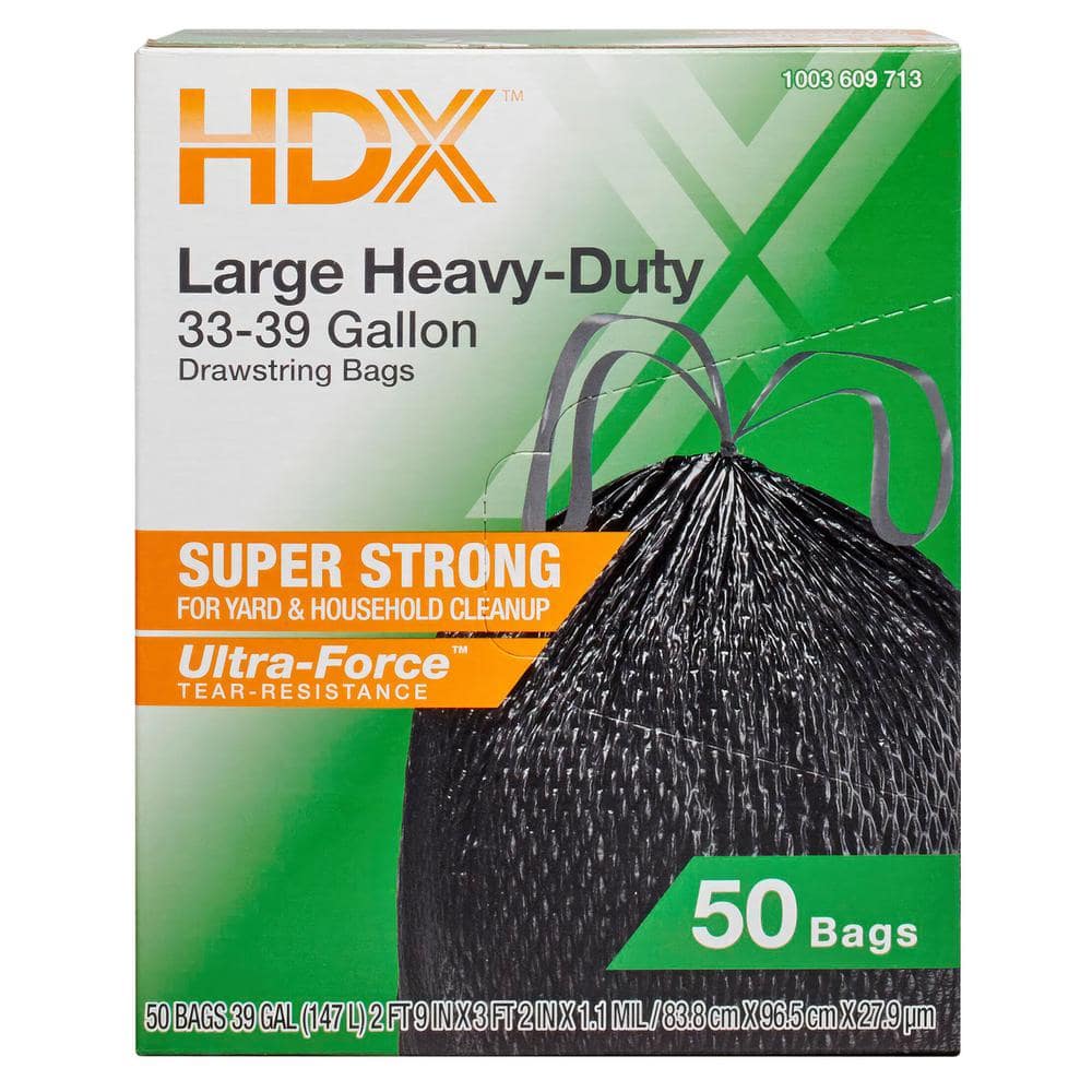 HDX 33-39 Gal. Black Heavy Duty Drawstring Trash Bags (50-Count