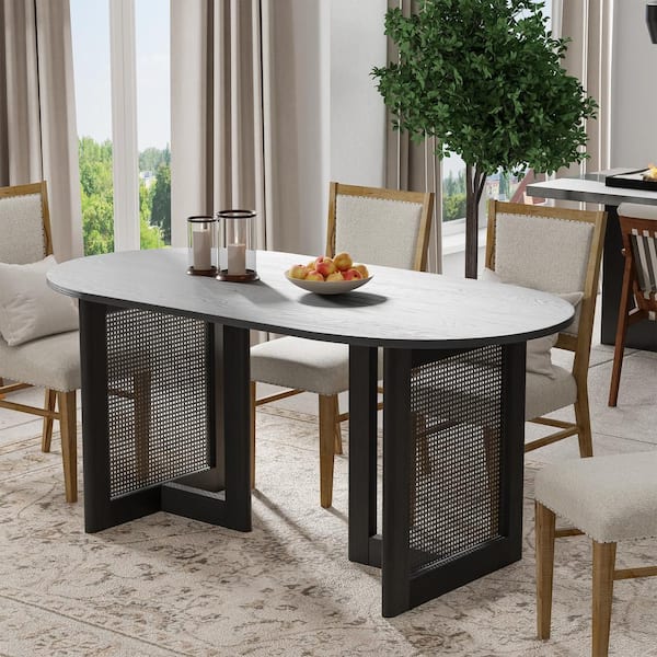 NEUTYPE Cinna Black Wood 67 in. Oval Double Pedestal Dining Table Seats 6