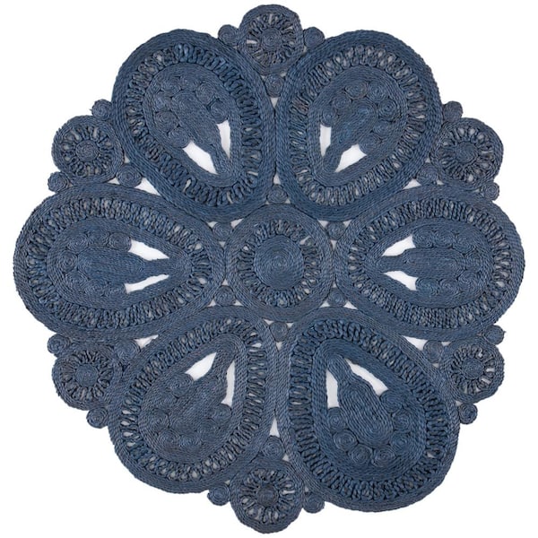 Natural Fiber Navy 5 ft. x 5 ft. Woven Floral Round Area Rug