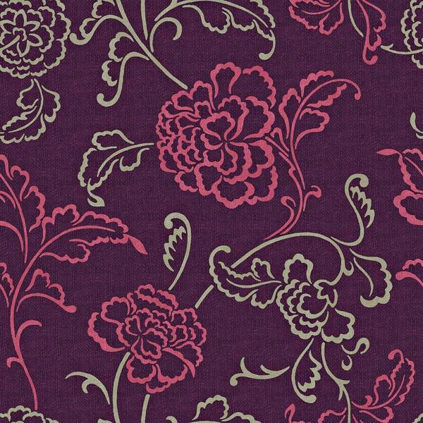 The Wallpaper Company 56 sq. ft. Purple, Magenta and Taupe Stylized Linear Leaf and Flower on a Woven Background Wallpaper