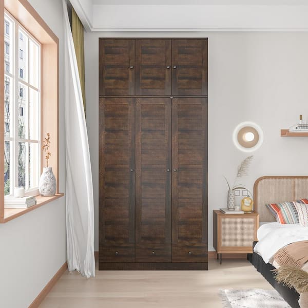 FUFU&GAGA Brown Wood 44.3 in. W Shutter Doors Wardrobe Armoires with Drawers, Hanging Rod, Top Cabinets (94.5 in. H x 19 in. D)
