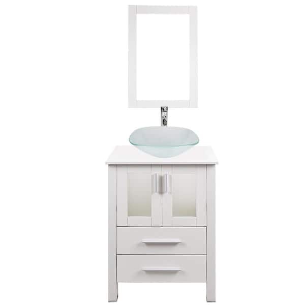 TOOLKISS 24 in. W x 19 in. D x 32.3 in. H Single Sink Bath Vanity in White with White Wood Top and Mirror