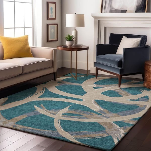 Mayfield Premium Machine Washable Abstract AMF1022 Teal 3 ft. x 4 ft. Area Rug