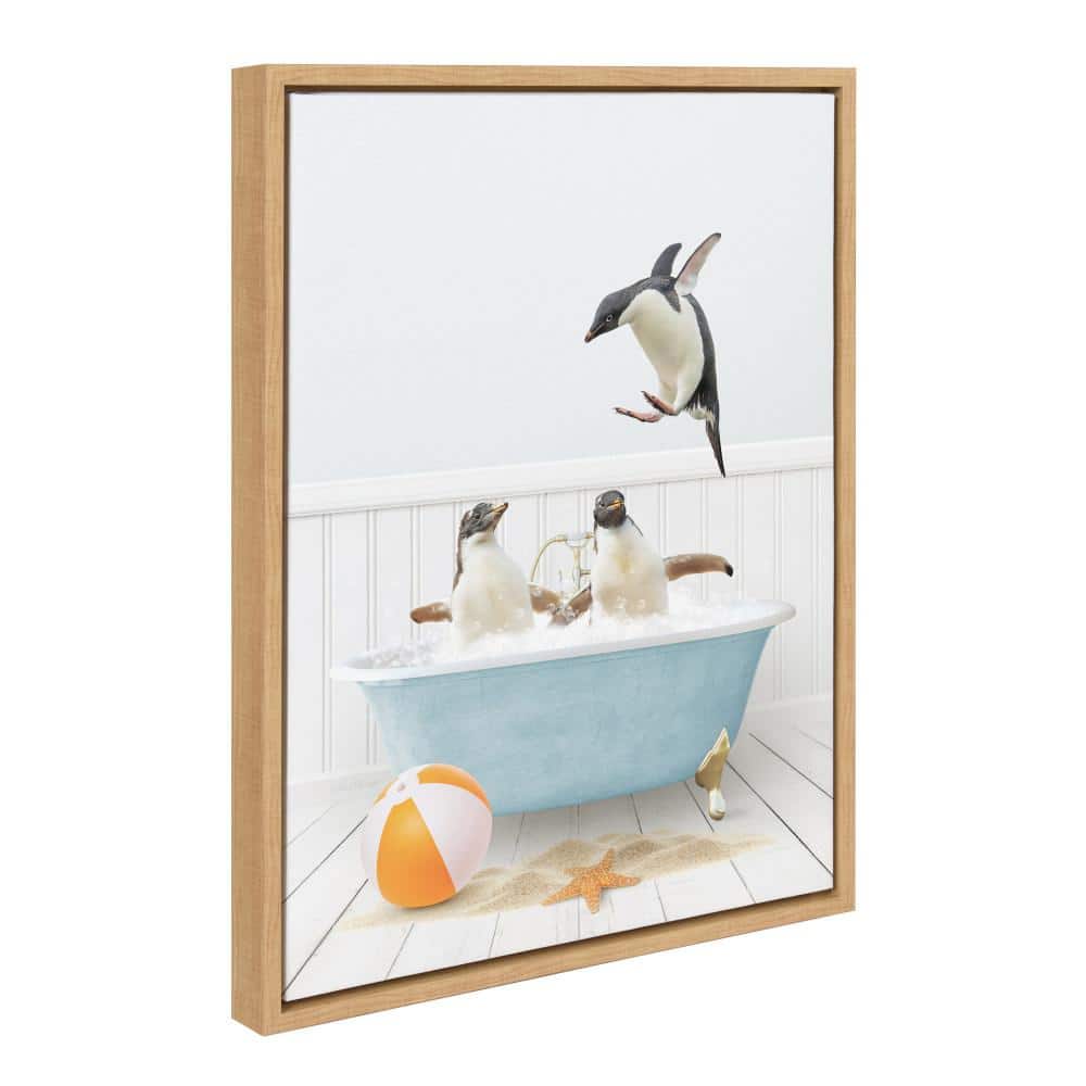 Natural Framed Canvas Art with Penguins in Beach House Bath, 18x24