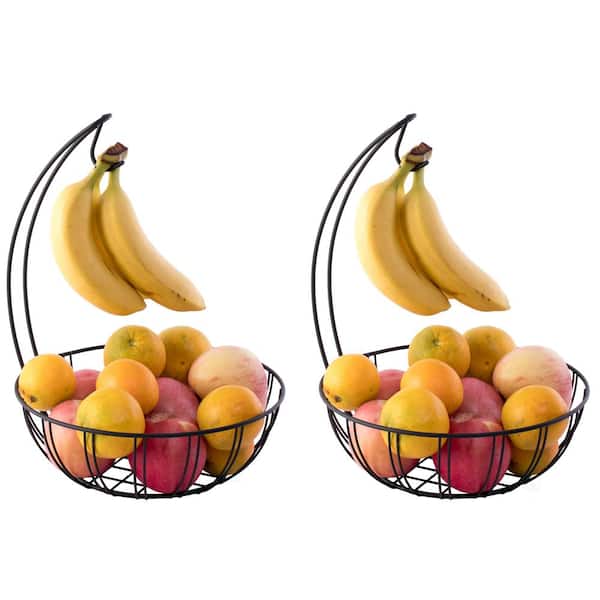 Basicwise Wire Metal Fruit Basket Holder with Banana Hanger, Set of 2