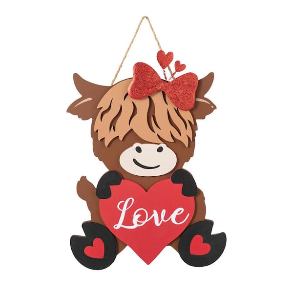 Glitzhome 18 in. H Valentine's Wooden Highland Cow with Heart Door