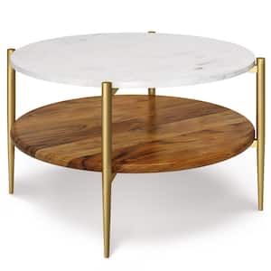 Wagner 17.1 in H Wide Round Acacia Hardwood, Marble and Metal Coffee Table in White/Natural