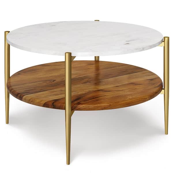 Simpli Home Wagner 17.1 in H Wide Round Acacia Hardwood, Marble and Metal Coffee Table in White/Natural