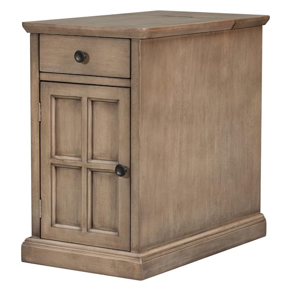 Cesicia Antique Brown Solid Wood Outdoor Side Table with USB Ports and 1 Multifunctional Drawer with Cup Holders
