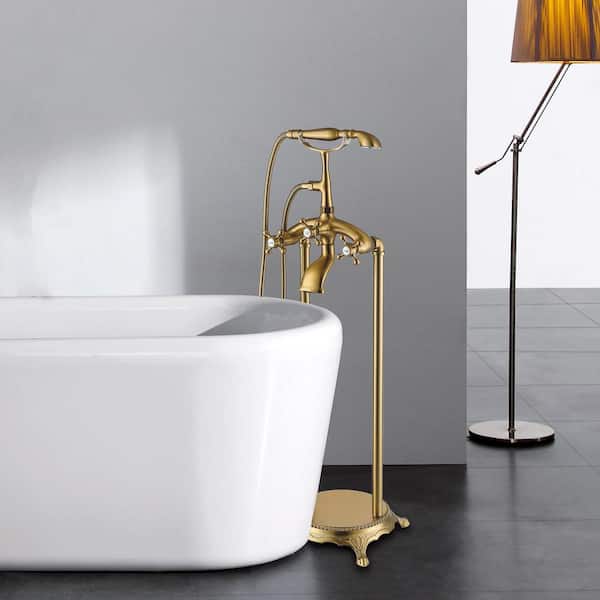 Unbranded Luxury Bathtub Filler 3-Handle Freestanding Floor Mount Claw Foot Tub Faucet with Hand Shower in Polished Gold