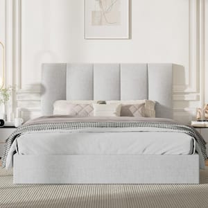 Light Grey Plywood Frame Full Size Linen Upholstered Platform Bed with Lift-up Storage