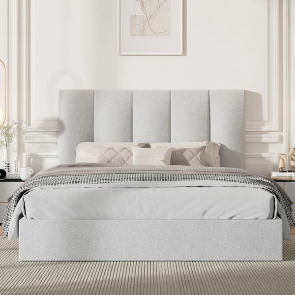 Ahokua Light Grey Plywood Frame Full Size Linen Upholstered Platform Bed with Lift-up Storage