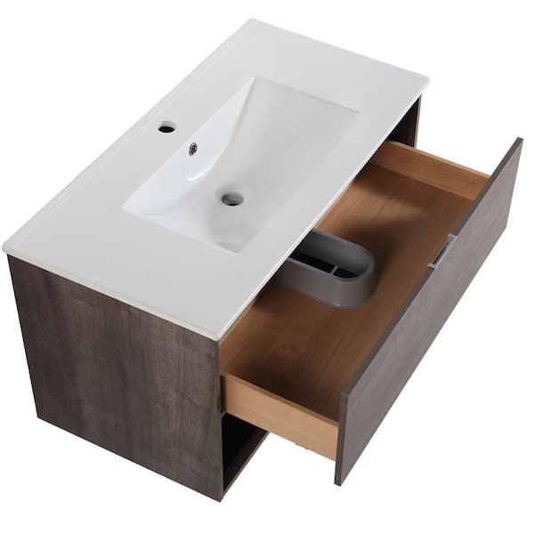 HBEZON JIM 35.83 in. W x 18.31 in. D x 20.28 in. H Floating Bath Vanity in Plaid Gray Oak with White Integrated Ceramic Top