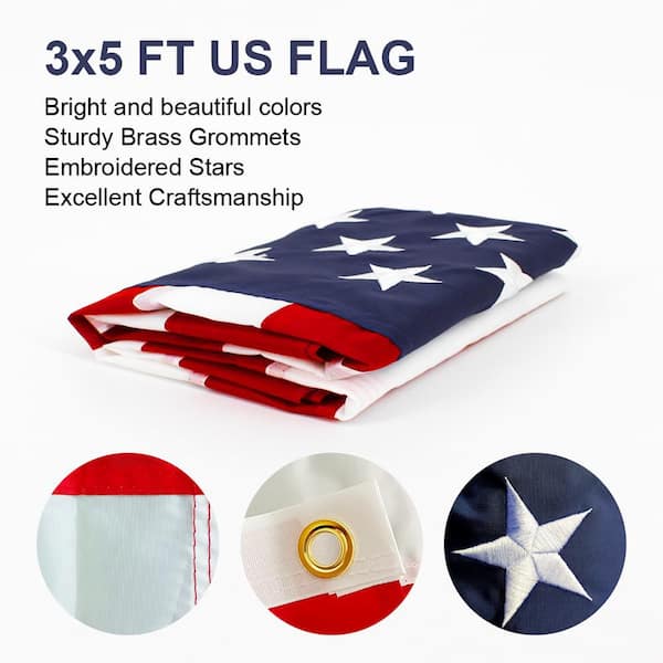 American Flag 3x5 ft Outdoor Heavy Duty Embroidered Stars Fade Resistance  Brass Grommets