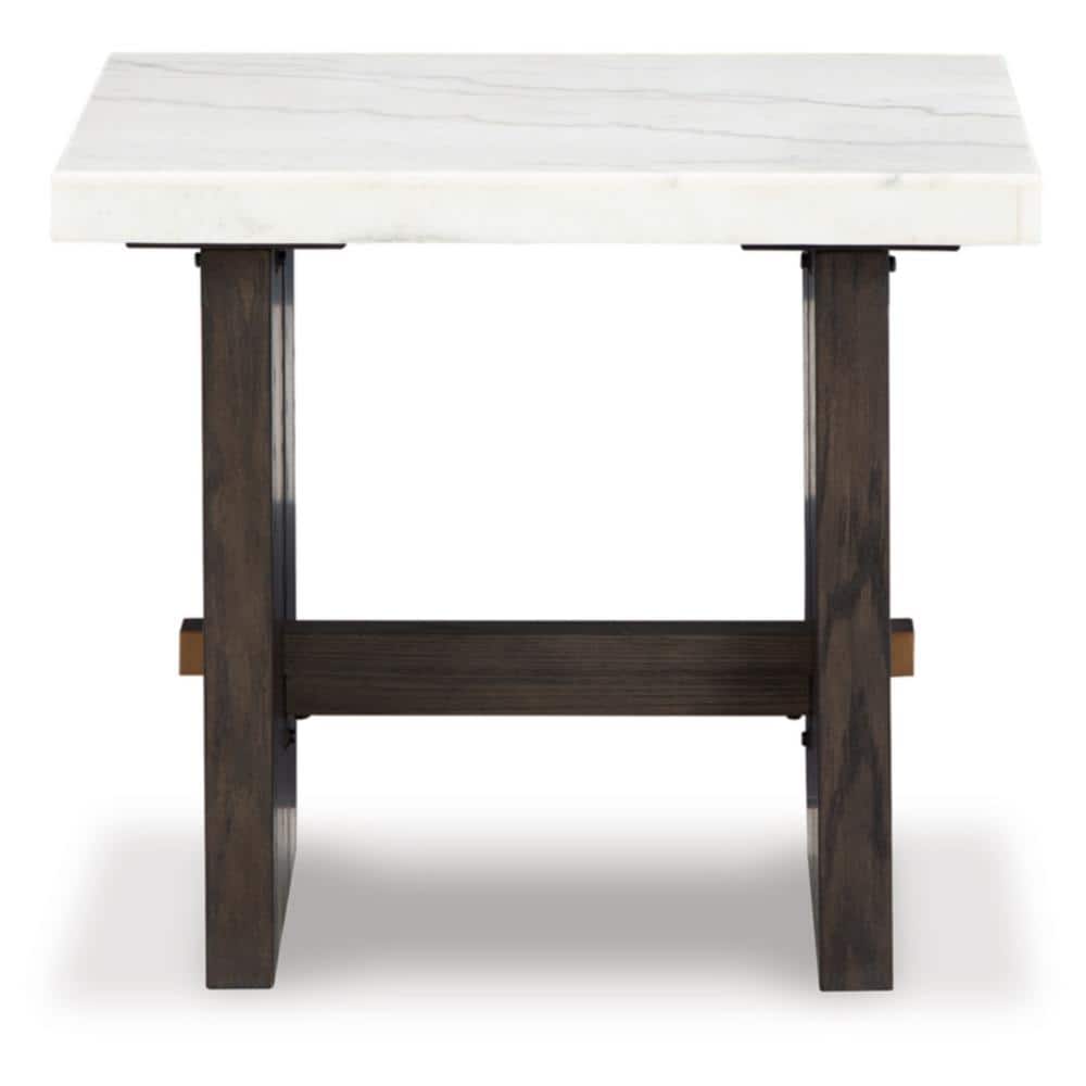Burkhaus 26 in. White / Dark Brown Rectangle Marble End Table with Trestle Base - thumbnail 4