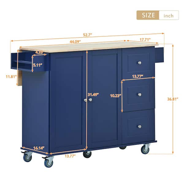CESICIA Blue Wood Base with Wood Top Rolling Kitchen Island (17.71-in x 52.7-in x 36.81-in)