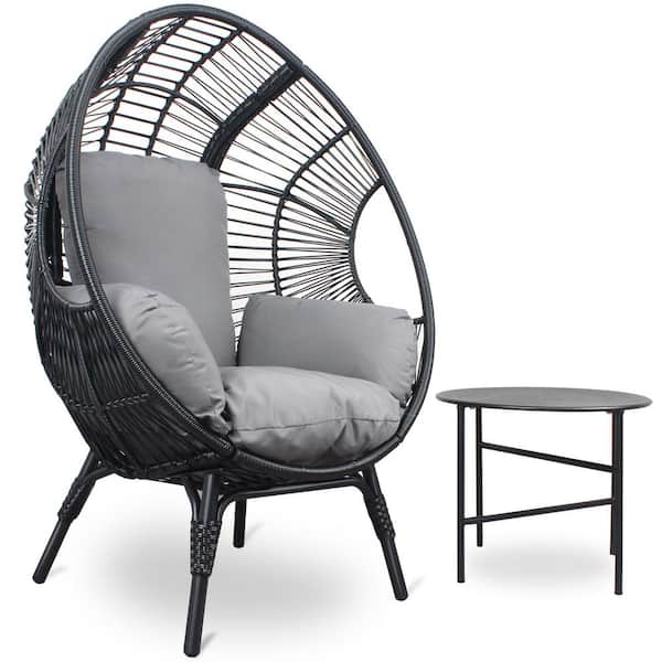 Clihome PE Wicker Egg Chair Patio Swing with Black Color Rattan Grey Cushion and Side Table