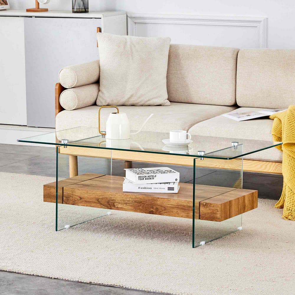 43.3 in. Natural Wood Rectangle Glass Coffee Table with Two-Tier Storage