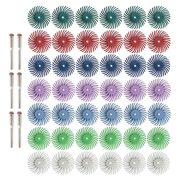 42-Pieces 1 in. Radial Bristle Disc Kit with 3mm Shank Mixed Grit 80-2500 for Rotary Tools Jewelry Wood Metal Polishing