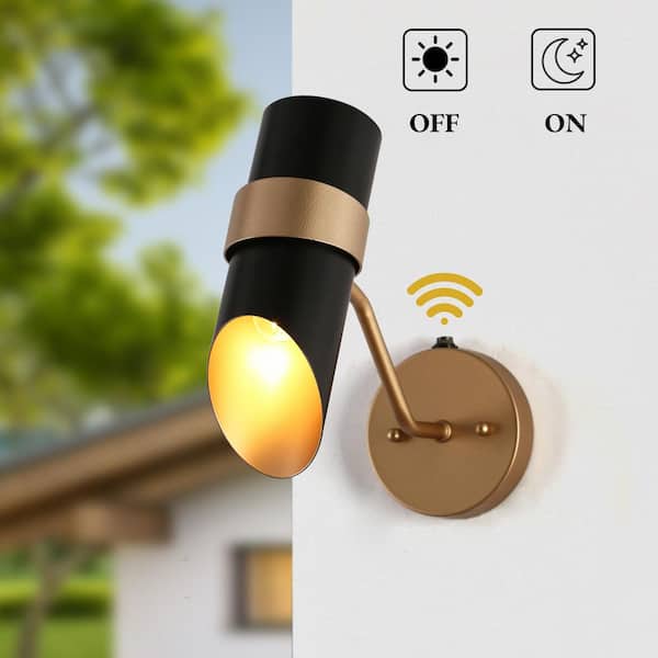 LNC Modern 1-Light Matte Black and Gold Dusk to Dawn Outdoor Cylinder Sconce Wall Lantern with Metal Shade, LED Compatible