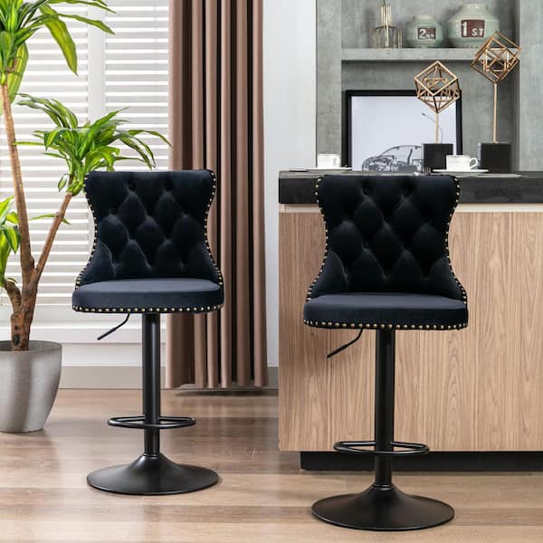 Bar Stool Black Velvet Cushioned Swivel Bar Chair Set of 2 with Tufted Back and Nailhead Trim