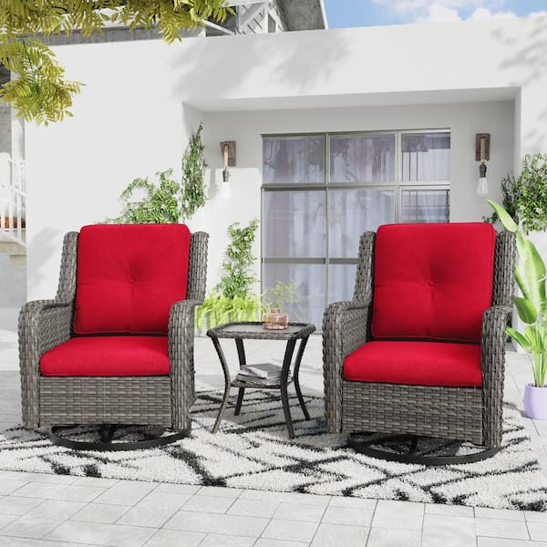 JOYSIDE 3-Piece Wicker Patio Conversation Set with Red Cushions All-Weather Swivel Rocking Chairs
