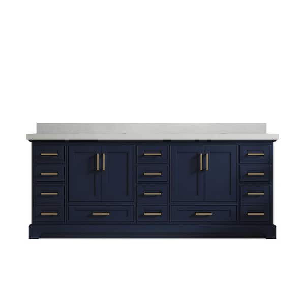 Willow Collections Fenway 84 in. W x 22 in. D x 36 in. H Double Sink Bath Vanity in Navy Blue with 2" Carrara Quartz Top