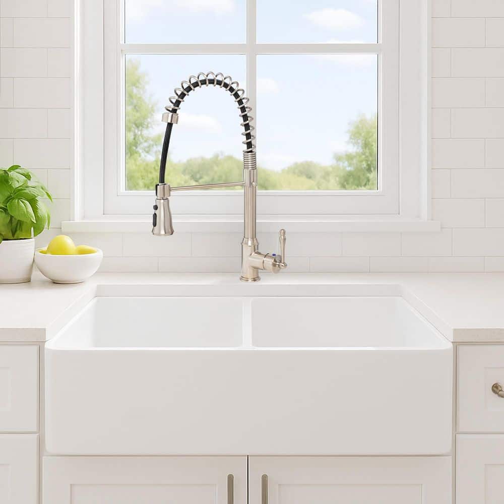 white fireclay 33 in. double bowl apron-front kitchen sink with faucets, basket strainer