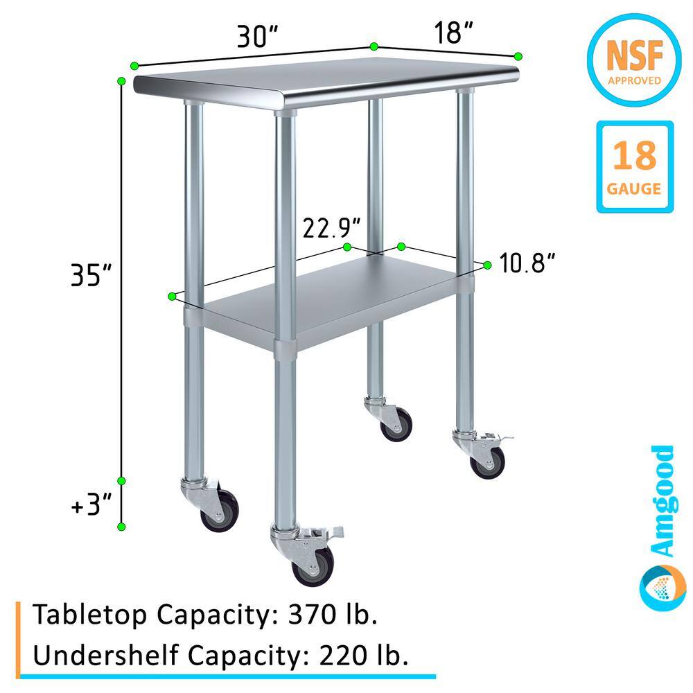 30" Silver Stainless Steel Mobile Prep Table with Open Base