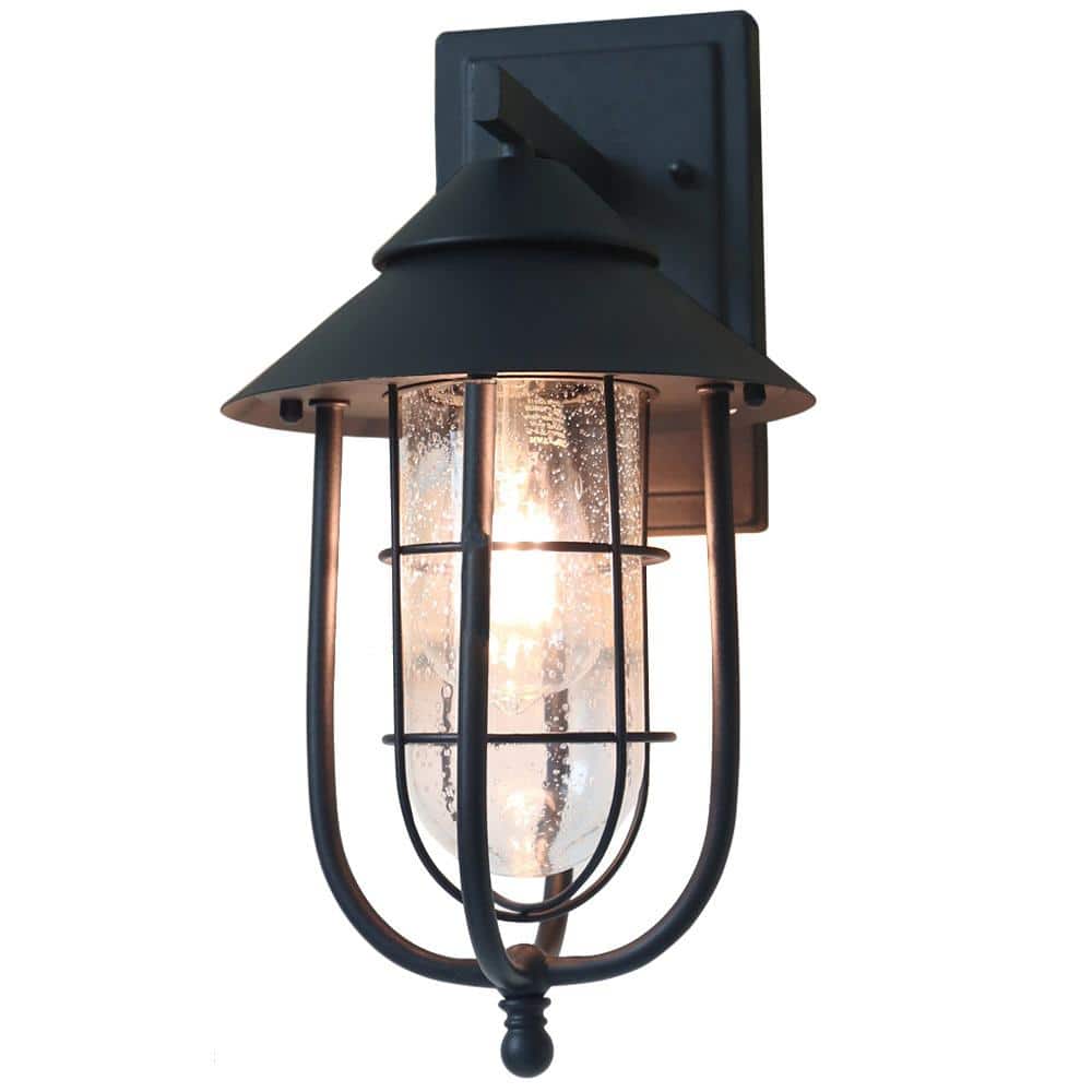 Home Decorators Collection Wisteria 17.7 in. 1-Light Sand Black Outdoor Wall  Lantern Sconce with Clear Glass Shade 17699 - The Home Depot