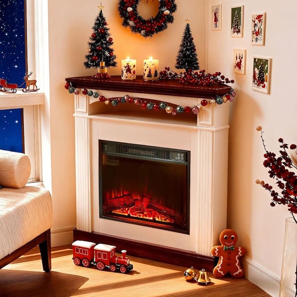 36.2 in. Freestanding Wood Corner Electric Fireplace TV Stand with LED Flame Timer Remote Corner in Brown