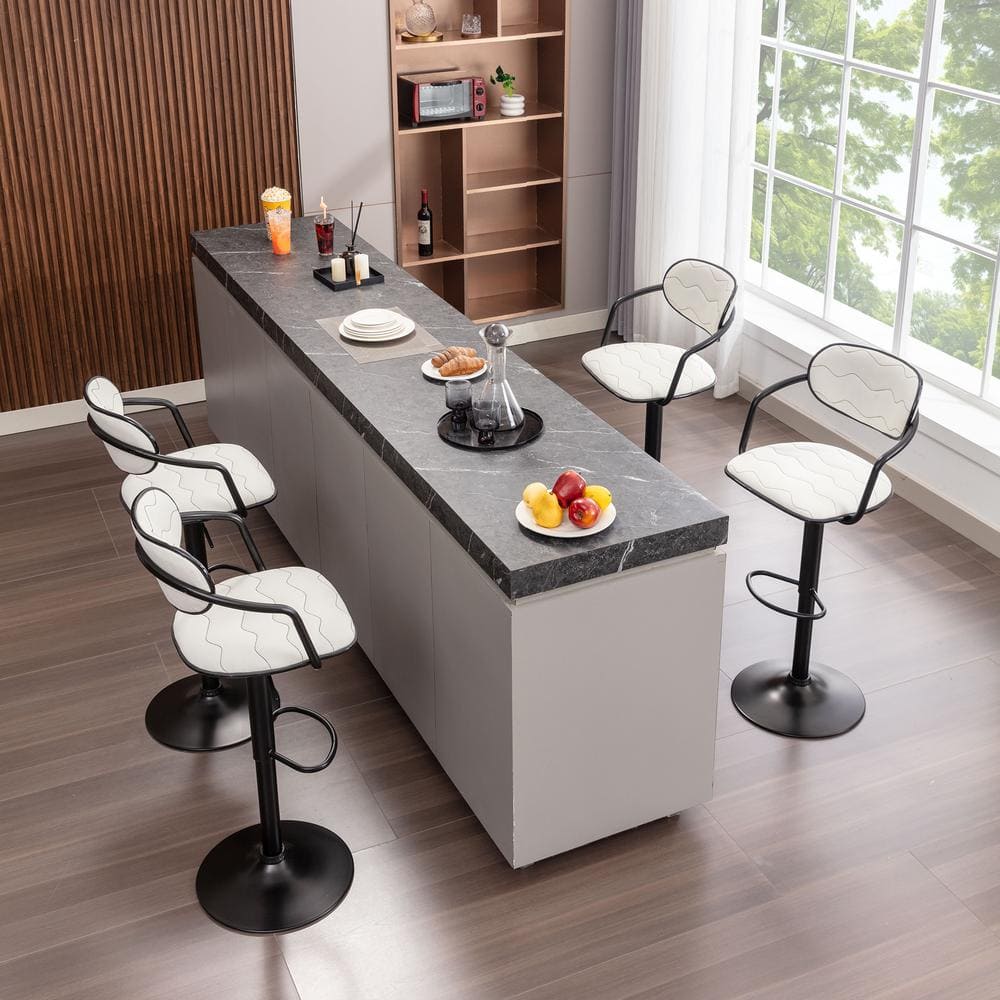 Adjustable White Faux Leather Swivel Bar Stools with Black Metal Frame, Set of 2